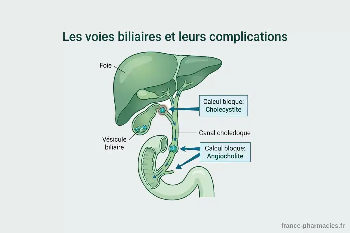 Schéma des voies biliaires et complications cholécystite angiocholite Schéma médical des voies biliaires montrant les complications des calculs biliaires