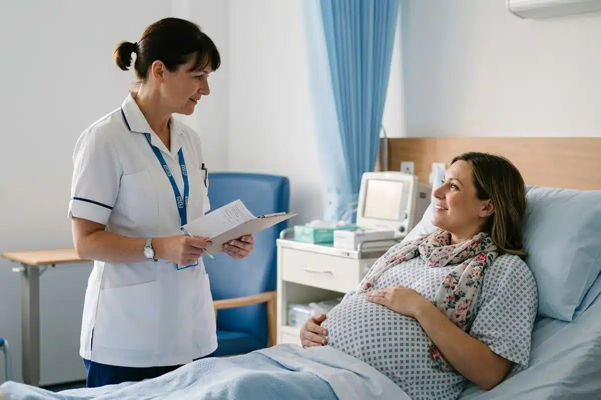Surveillance médicale d'un col effacé en maternité Sage-femme et patiente enceinte dans une maternité lors d'une surveillance du col de l'utérus