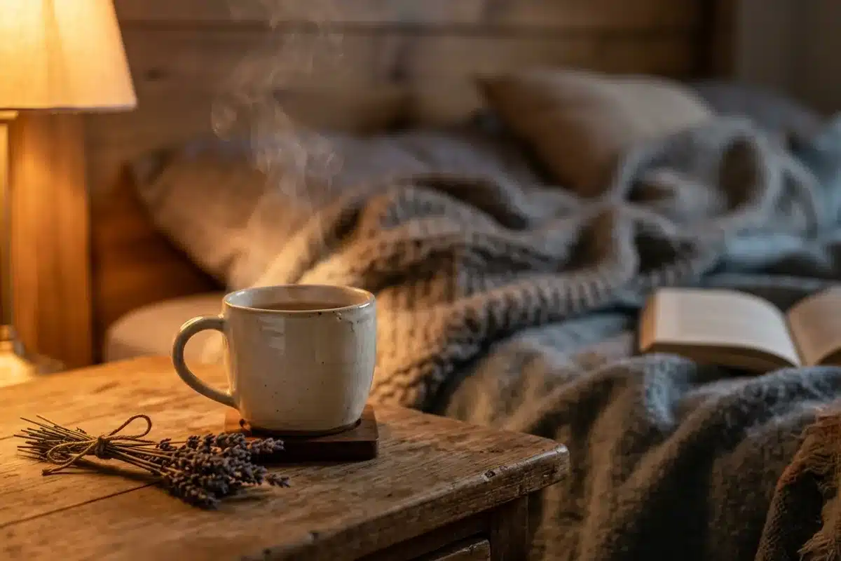 Tisane du soir dans la routine bien-être Tasse de tisane fumante et brin de lavande sur une table de chevet le soir