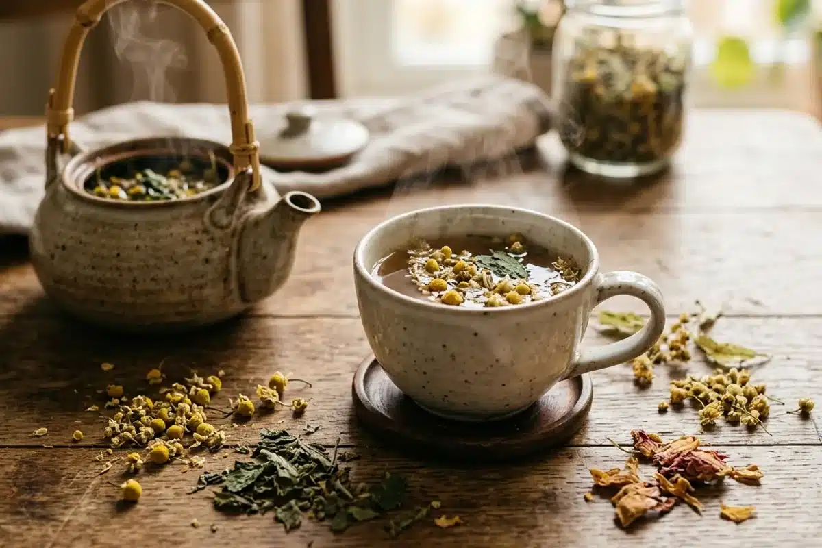 Tisane de plantes en infusion Tasse de tisane de plantes en infusion avec fleurs et feuilles séchées