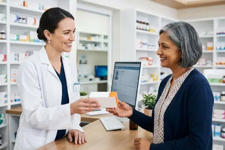 TSH élevée sous Lévothyrox : pharmacienne en officine présentant un médicament à base de lévothyroxine