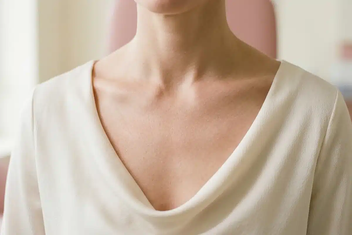 Peau du décolleté et de l'aréole : zone normale sans lésion Gros plan sur la peau lisse du décolleté d'une femme en haut blanc, éclairage doux