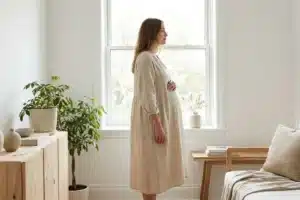 Femme enceinte de 2 mois vue de profil, ventre encore peu visible, debout face à une fenêtre lumineuse