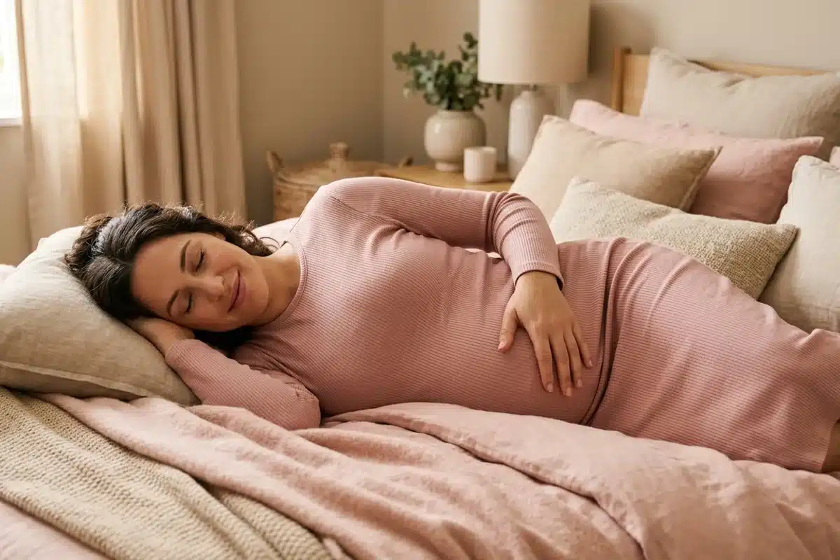 douleurs ventre grossesse 2 mois repos Femme enceinte de 2 mois allongée au repos, main sur bas-ventre, expression sereine