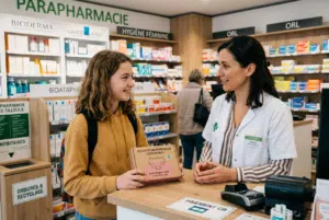 Pharmacienne conseillant une jeune cliente pour une culotte menstruelle remboursée au comptoir d'une pharmacie