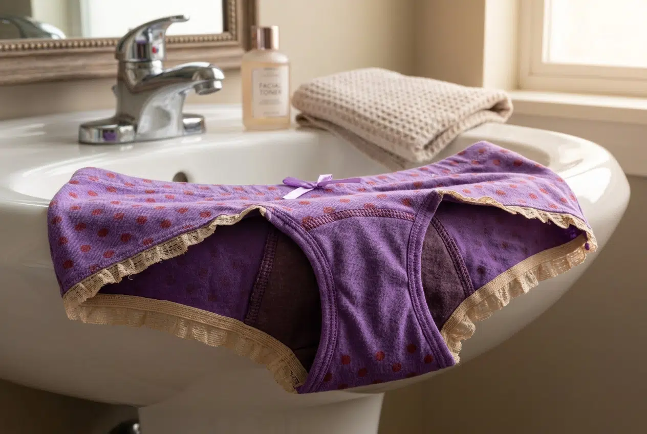 Culotte menstruelle en coton posée dans une salle de bains Culotte menstruelle violette à pois en coton posée sur le rebord d'un lavabo de salle de bains