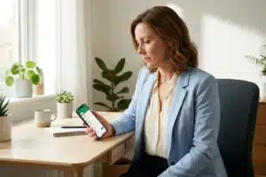 Femme consultant l'application de sa mutuelle pour une attestation de prise en charge
