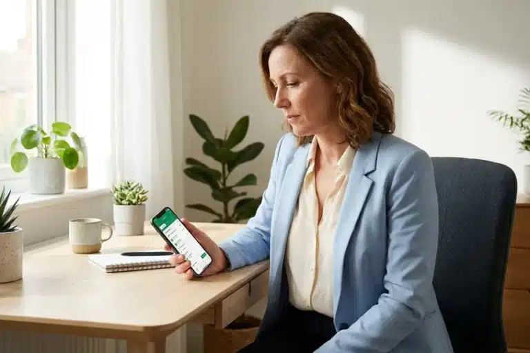 Femme consultant l'application de sa mutuelle pour une attestation de prise en charge