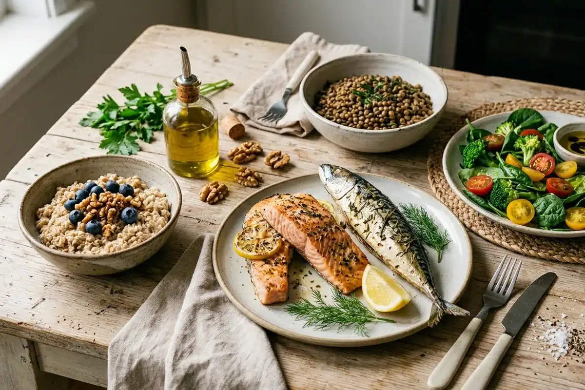 Aliments bons pour le cœur et cholestérol non-HDL Assiette d'aliments bons pour le cœur : saumon, maquereau, lentilles, flocons d'avoine, légumes verts et huile d'olive