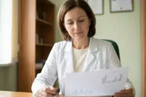Patiente consultant ses résultats de bilan lipidique chez son médecin