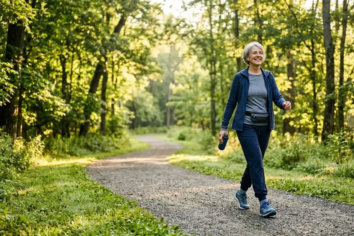 Marche rapide pour faire baisser le cholestérol non-HDL Femme d'une soixantaine d'années en tenue de sport marchant d'un pas dynamique sur un chemin de parc arboré