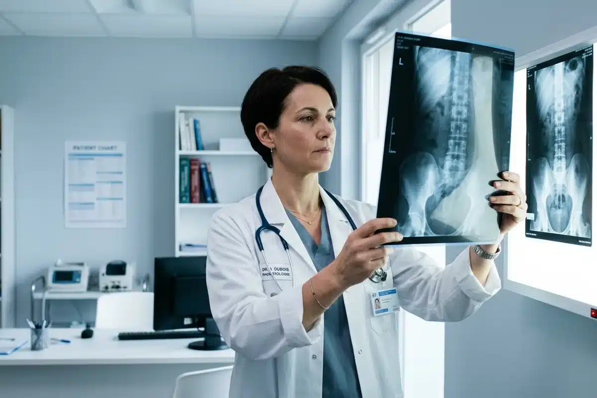 Médecin examinant une radiographie lombaire pour diagnostiquer une fracture de l’apophyse transverse