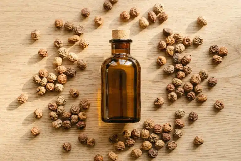 flacon d'huile de souchet posé sur fond de bois naturel entouré de noix tigrées séchées