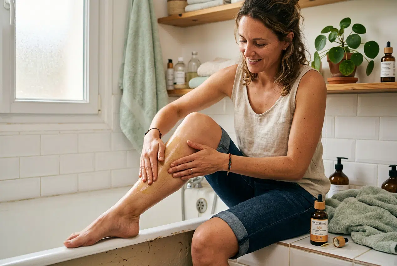 Application de l'huile de souchet sur la peau Femme appliquant de l'huile de souchet sur sa jambe, soin nourrissant de la peau