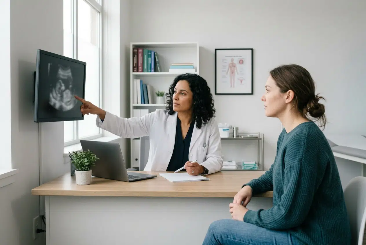Consultation gynécologique pour kyste ovarien avec échographie Femme en consultation gynécologique, le médecin lui montre une image d'échographie pour diagnostiquer un kyste ovarien