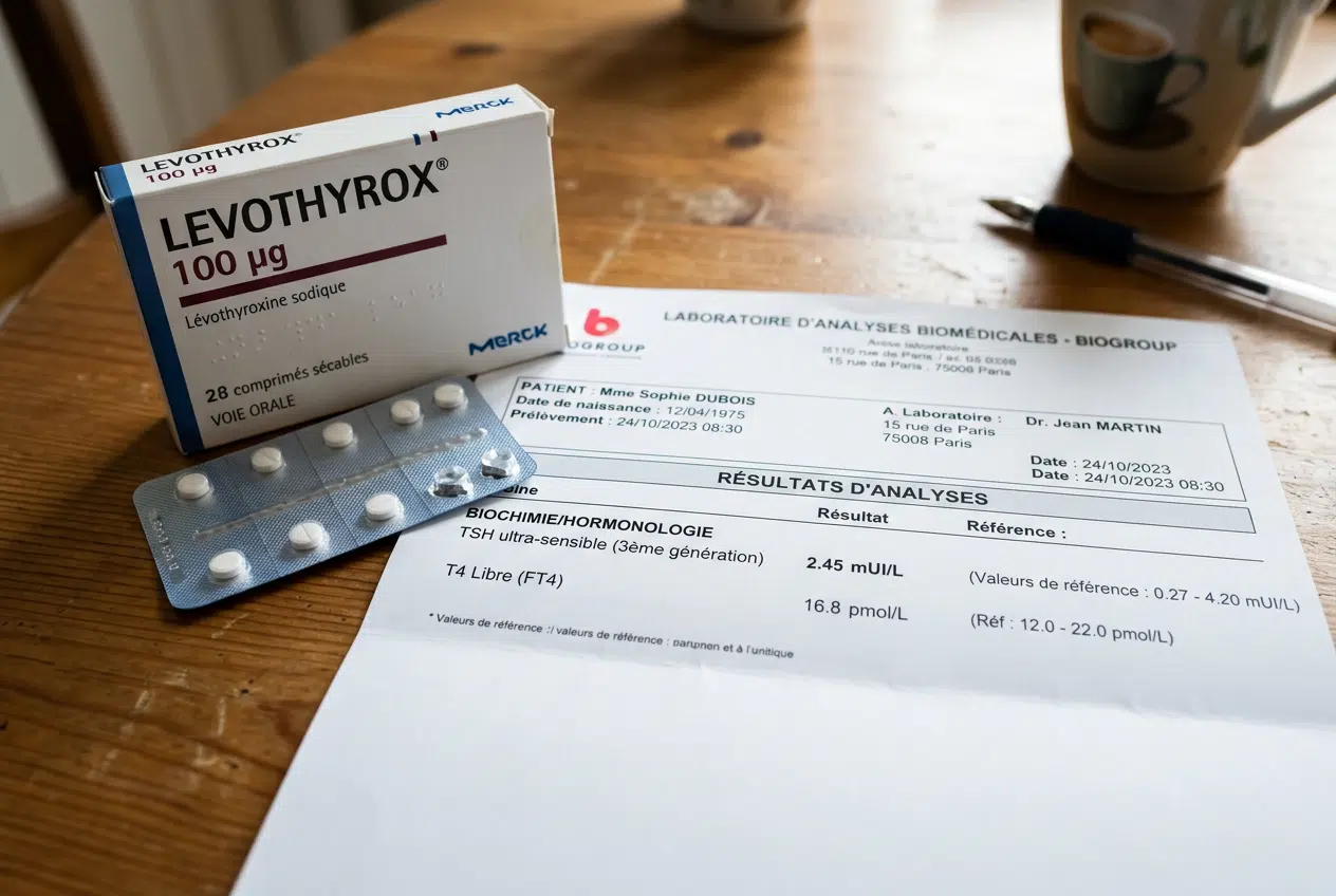 Boîte de Lévothyrox 100 µg, comprimés et compte rendu de prise de sang TSH et T4 posés sur une table en bois