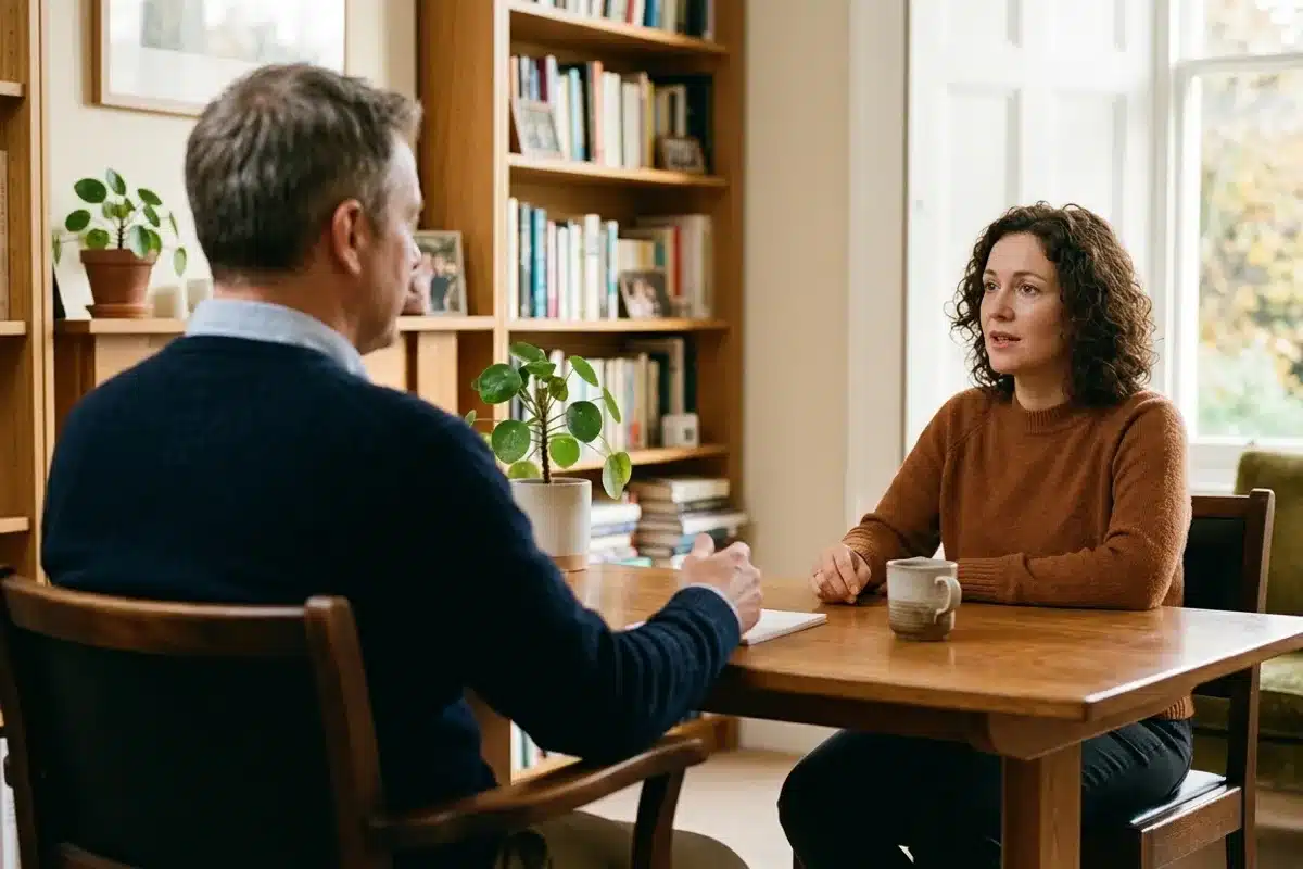 Consultation psychiatrique suivi traitement bipolaire Psychiatre en consultation avec une patiente adulte dans un bureau boisé chaleureux, suivi psychiatrique traitement lithium