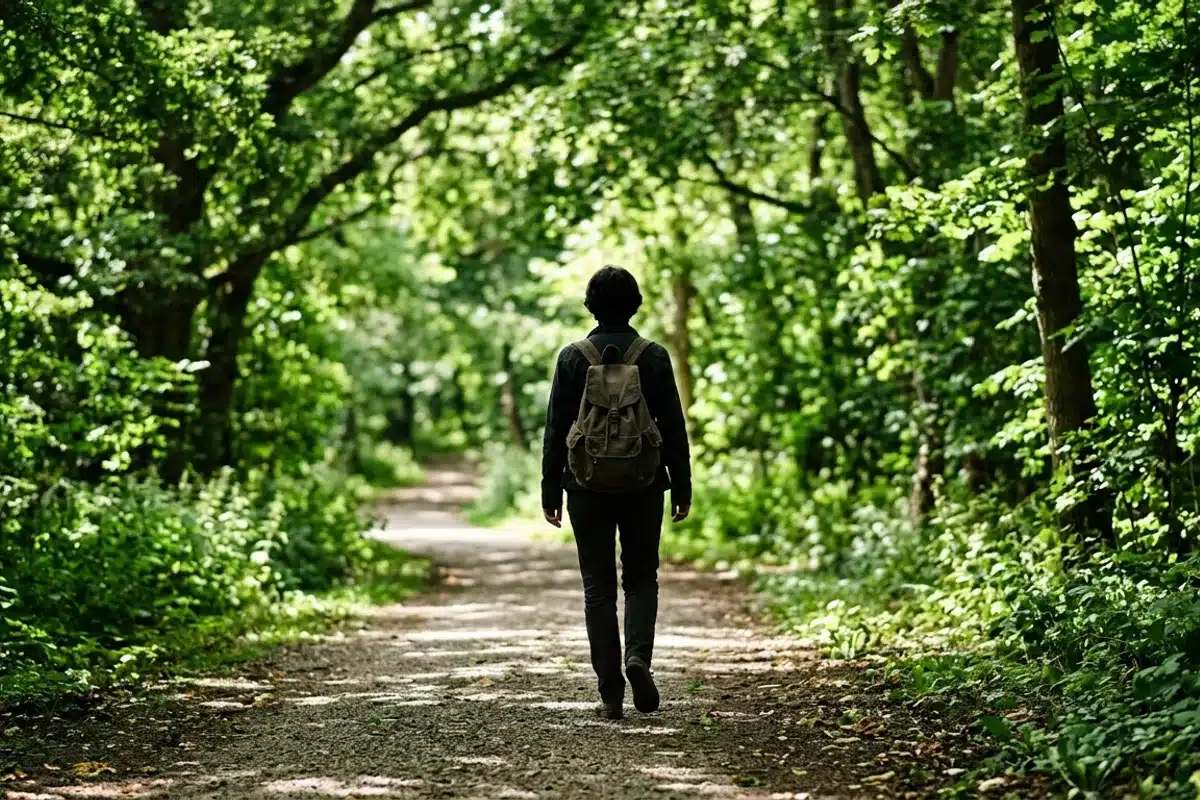 Vie quotidienne sous lithium promenade en forêt Personne marchant de dos sur un sentier forestier vert, qualité de vie normale sous traitement lithium bipolaire
