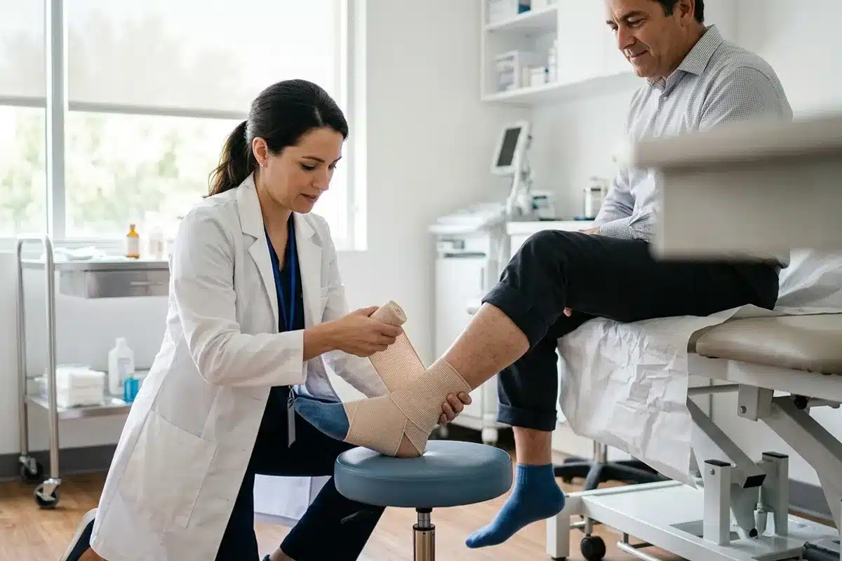 Application d un bandage sur la cheville Infirmière appliquant un bandage élastique sur une cheville dans un cabinet médical