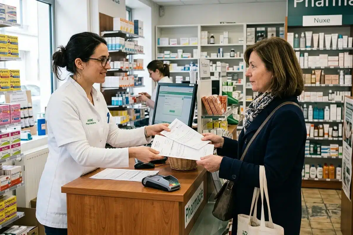Prise en charge en pharmacie Pharmacien remettant un document de prise en charge à un patient au comptoir de la pharmacie