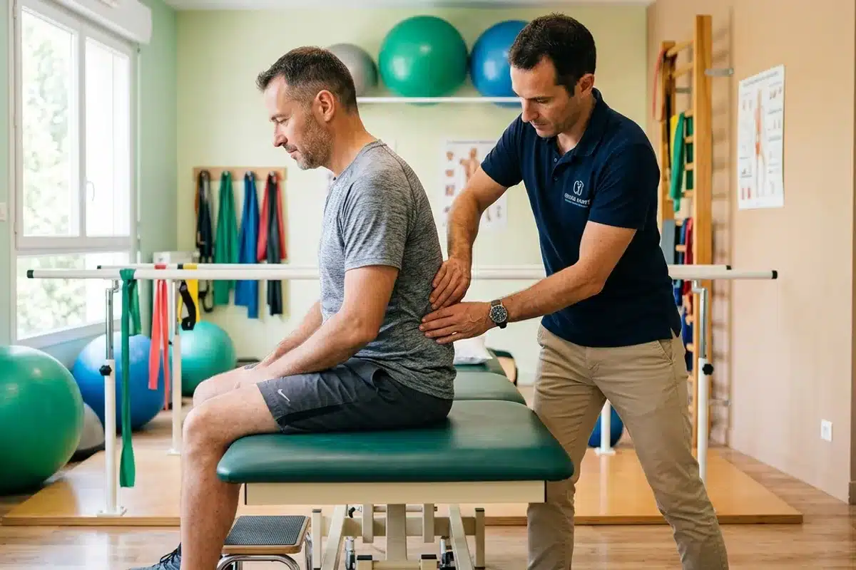 Séance de kinésithérapie lombaire pour la rééducation après une fracture de l’apophyse transverse