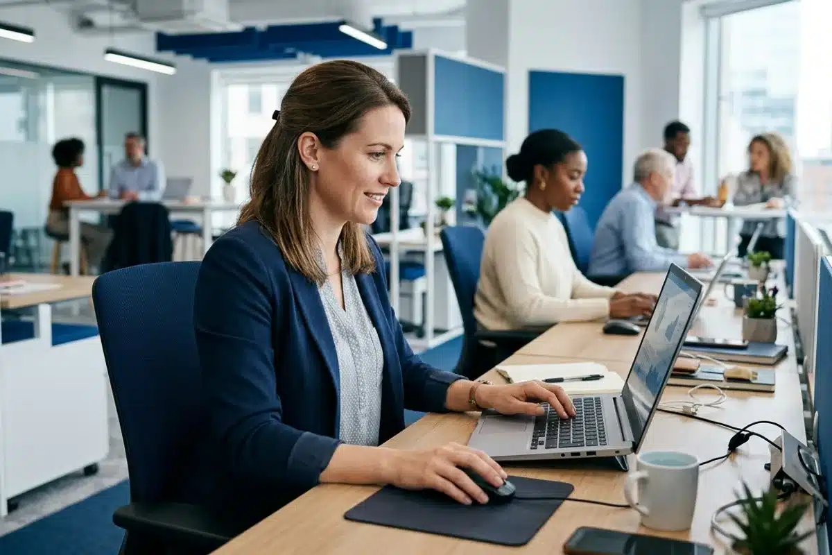 RQTH reconnaissance qualité travailleur handicapé aménagement emploi Femme travaillant dans un bureau inclusif, illustration de la RQTH et des aménagements de poste