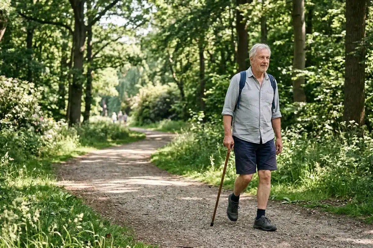 Marche douce à l'ombre, activité adaptée pour porteur de stent Homme âgé marchant seul sur un chemin ombragé en forêt au matin