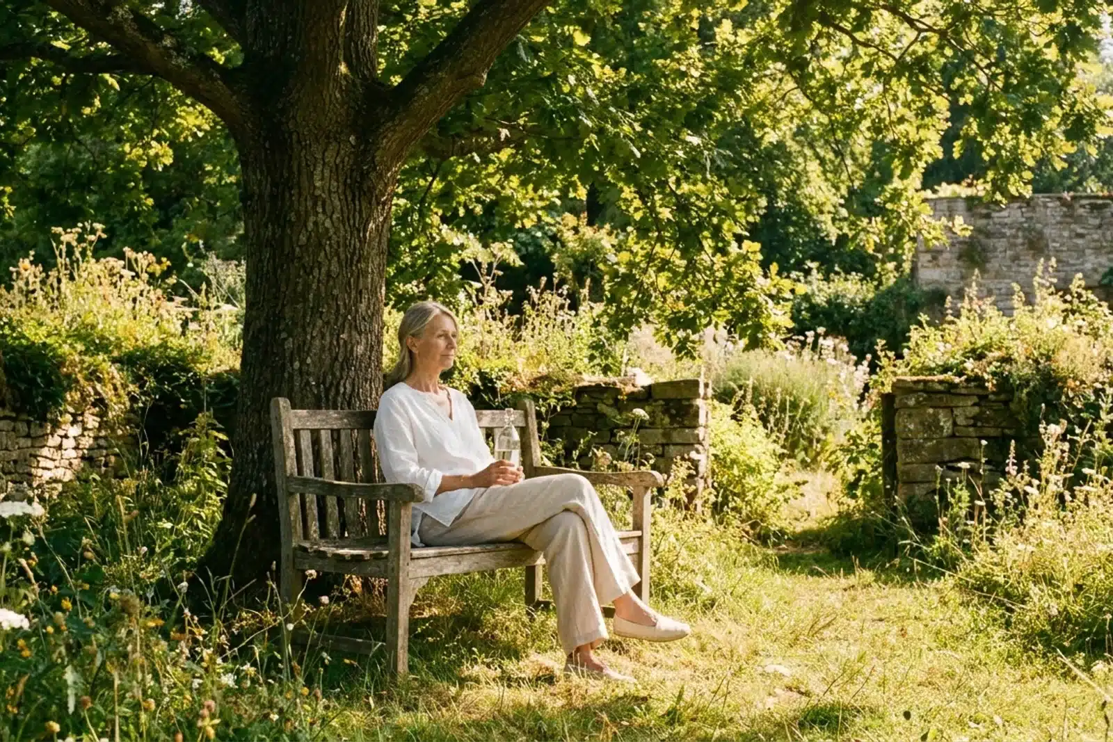Femme âgée assise à l'ombre dans un jardin, tenant une bouteille d'eau par forte chaleur (stent et chaleur)