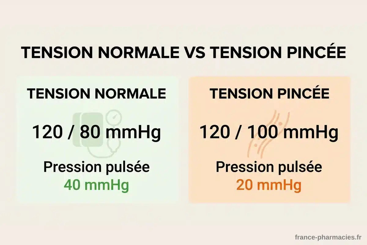 Tension normale vs tension pincée : schéma comparatif Schéma comparatif entre tension artérielle normale 120/80 mmHg pression pulsée 40 mmHg et tension pincée 120/100 mmHg pression pulsée 20 mmHg